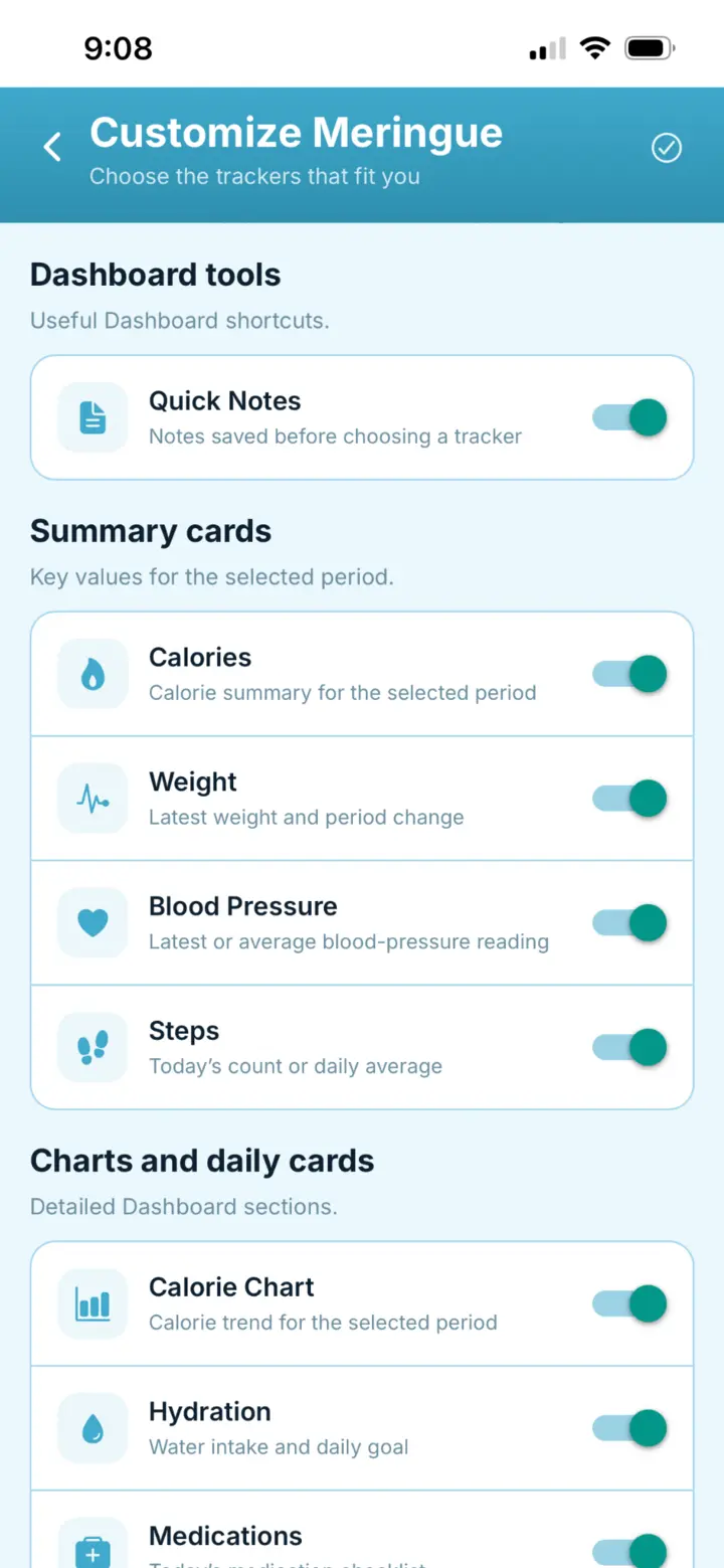 Meringue health-area customization screen