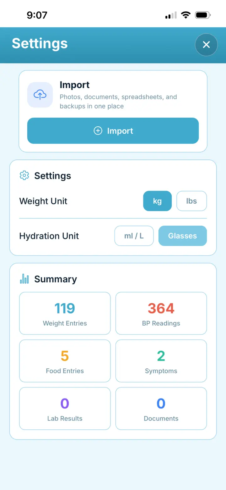 Meringue import and settings screen