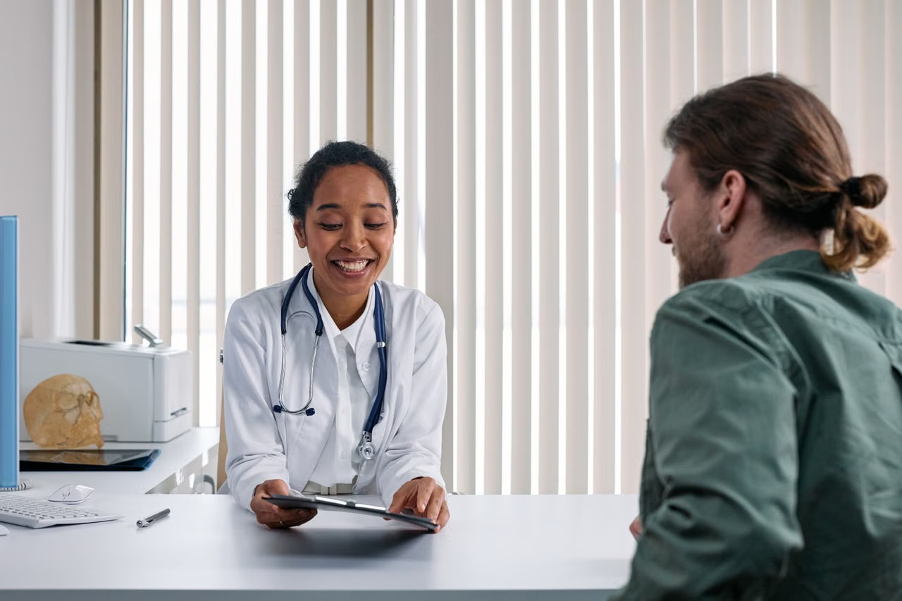 A patient using a clear health summary during an appointment with a health professional